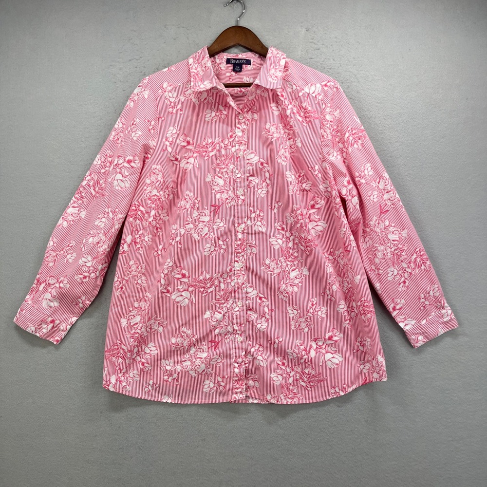 Roamans Button Up Shirt Womens 20W Pink Floral Striped Long Sleeve Boho Cottage